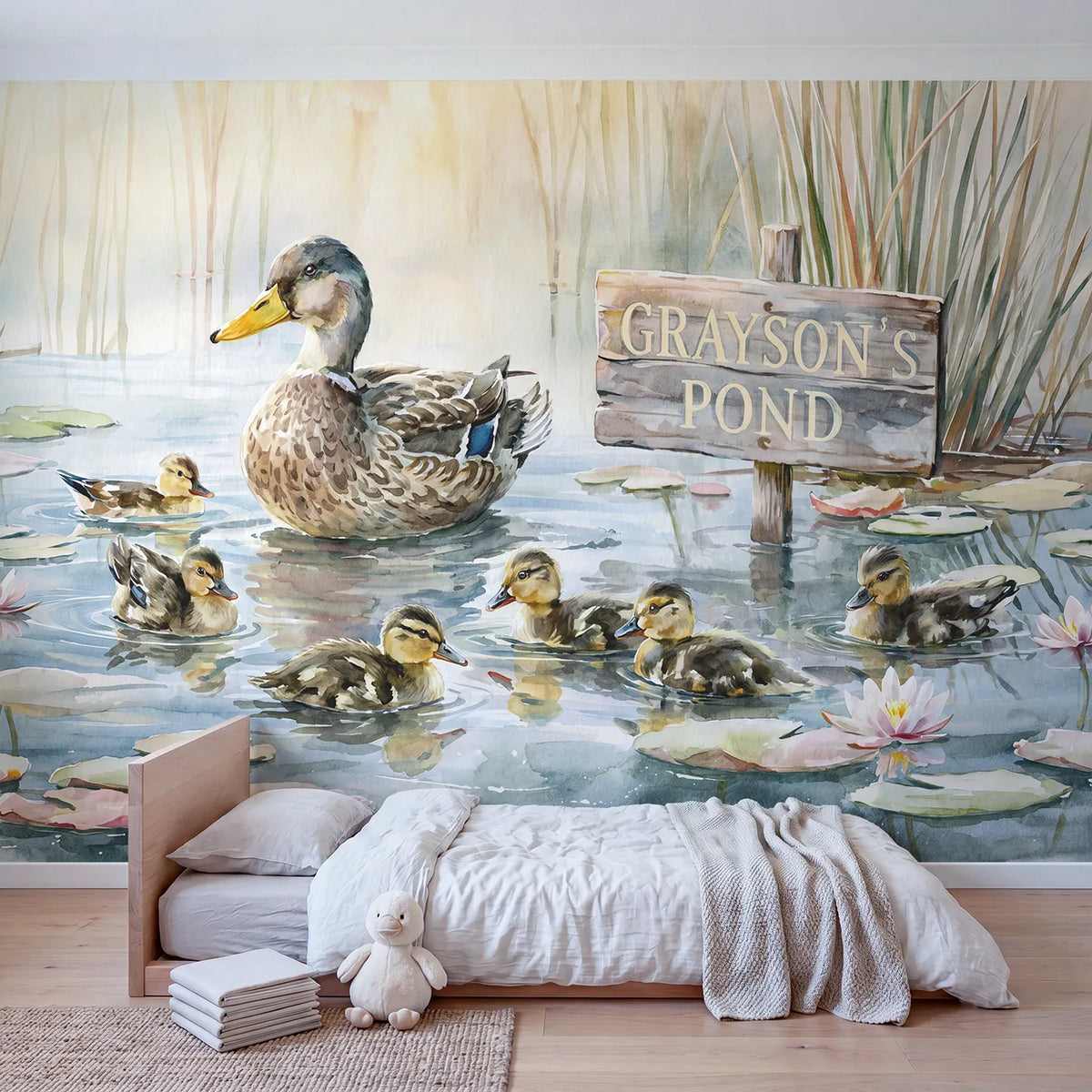Duck Pond Ducklings Personalized Wall Mural in playroom setting by Whimsy Tots
