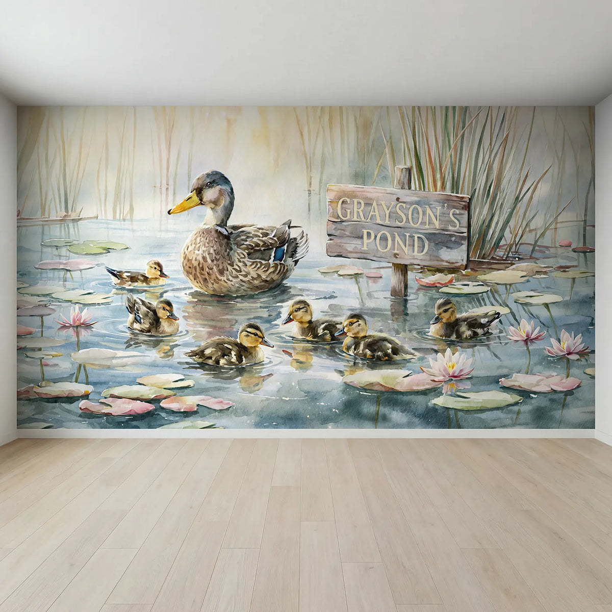 Full view of Duck Pond Ducklings Personalized Wall Mural by Whimsy Tots