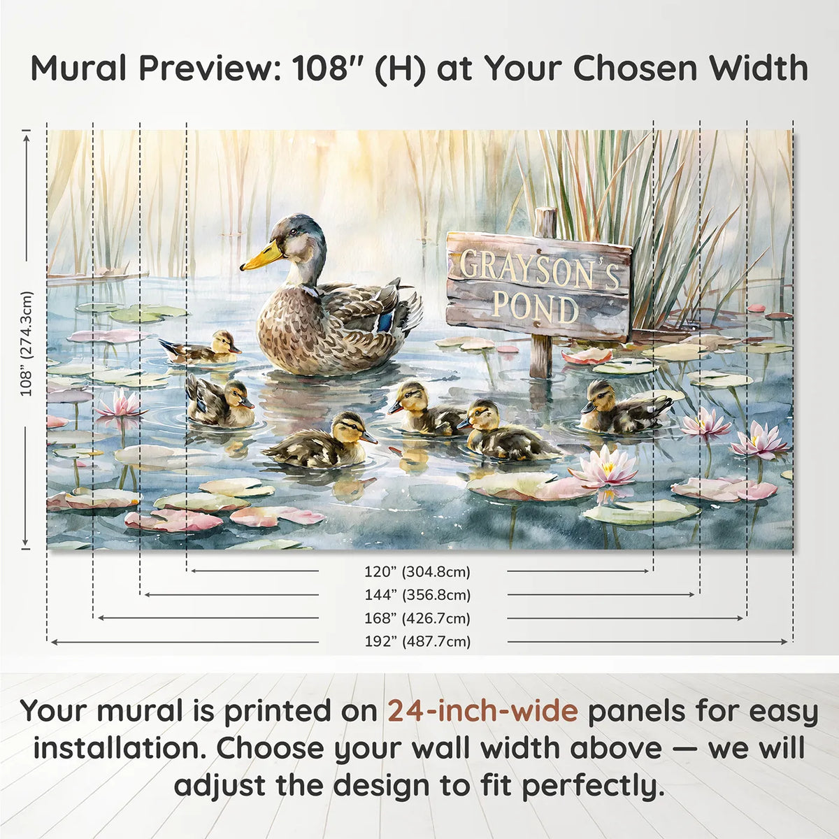 Panel layout and dimensions for Duck Pond Ducklings Personalized Wall Mural by Whimsy Tots