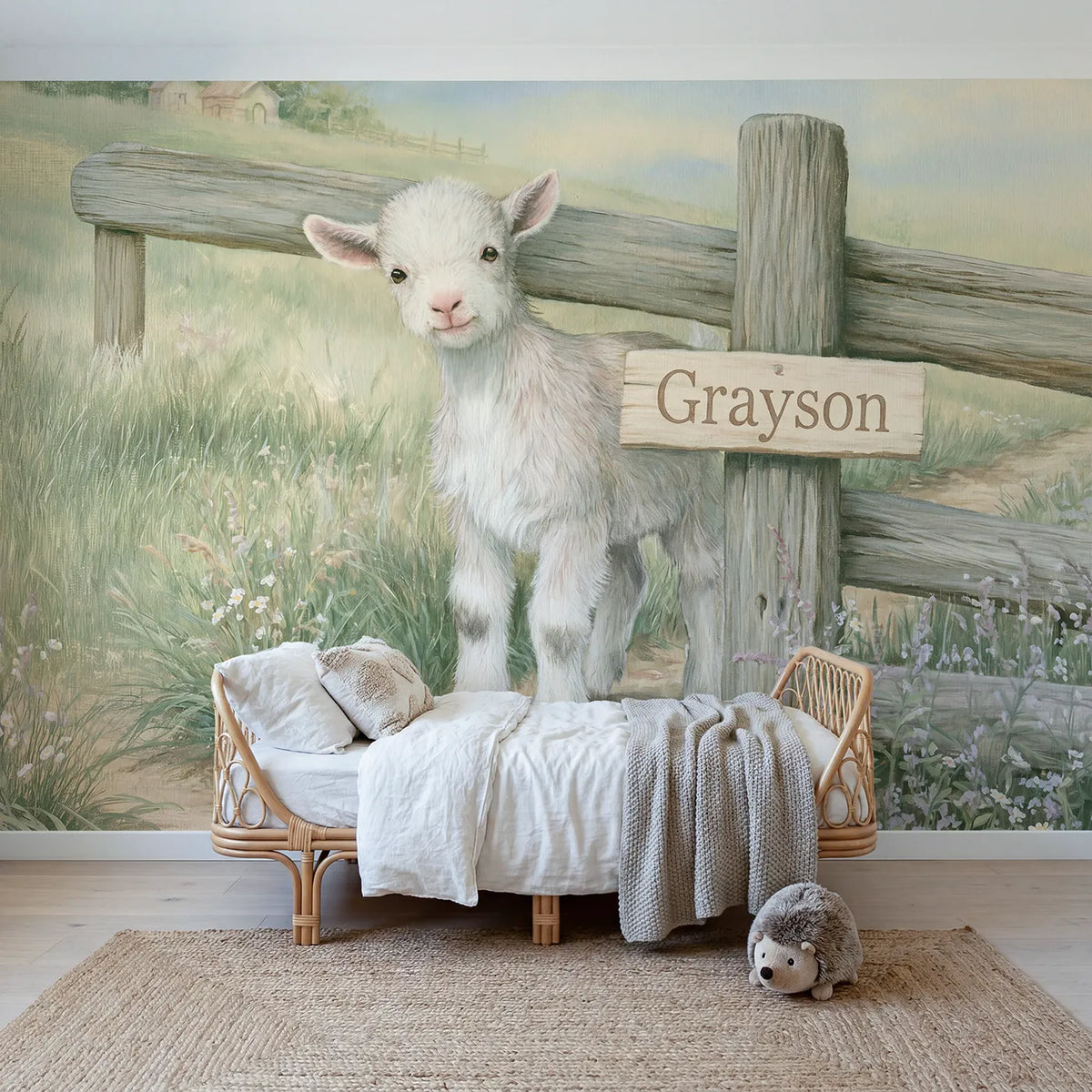 Storybook goat fence personalized wall mural with carved name post for toddler room by Whimsy Tots