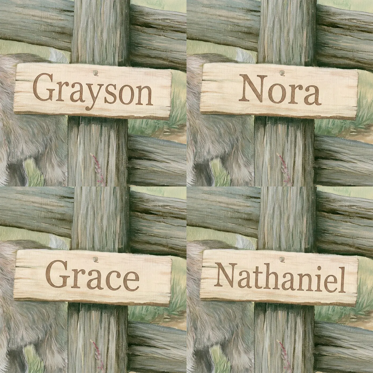 Four name preview examples of Friendly Farm Goat Personalized Wall Mural by Whimsy Tots