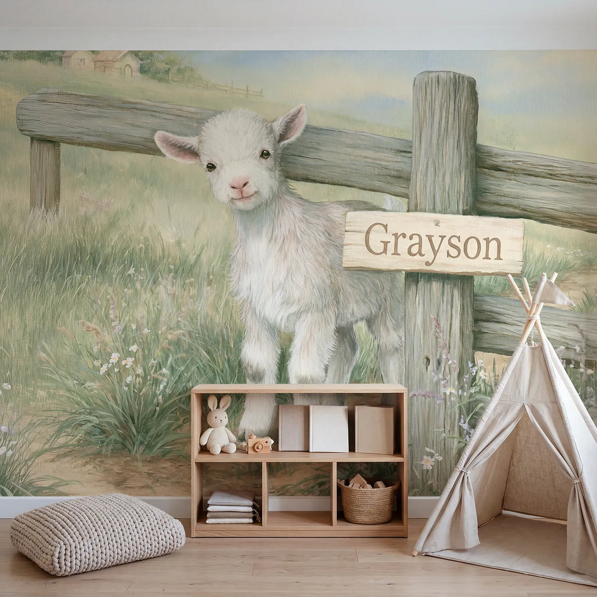 Friendly Farm Goat Personalized Wall Mural in playroom setting by Whimsy Tots