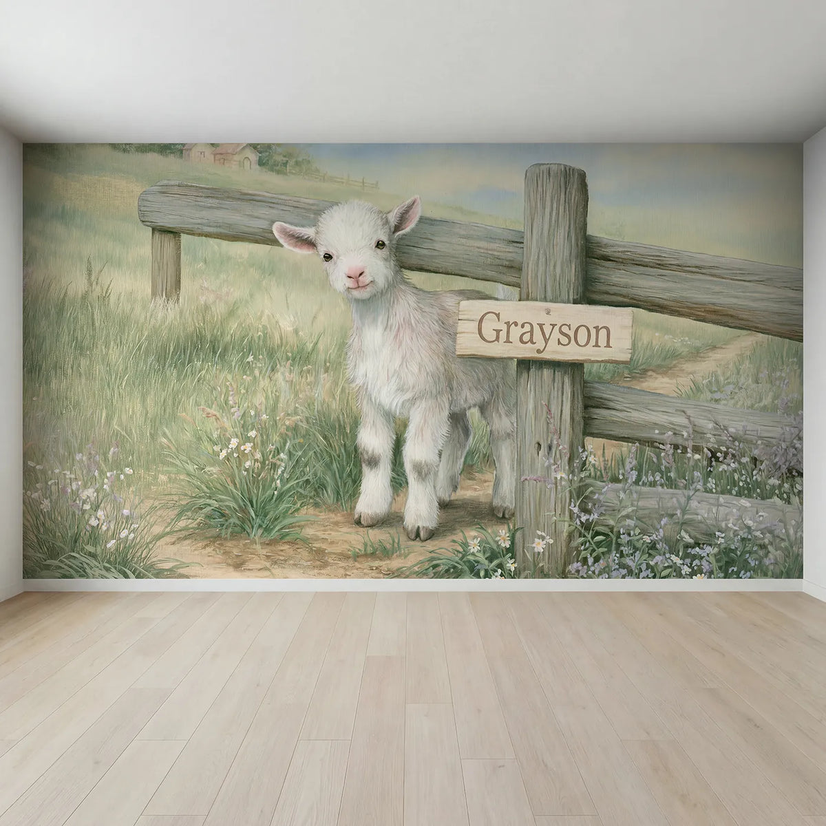 Full view of Friendly Farm Goat Personalized Wall Mural by Whimsy Tots