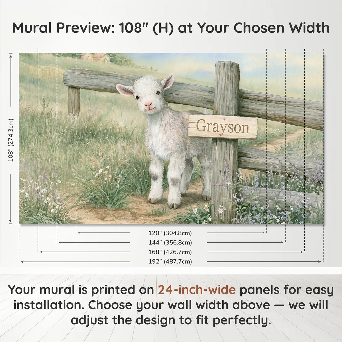Panel layout and dimensions for Friendly Farm Goat Personalized Wall Mural by Whimsy Tots