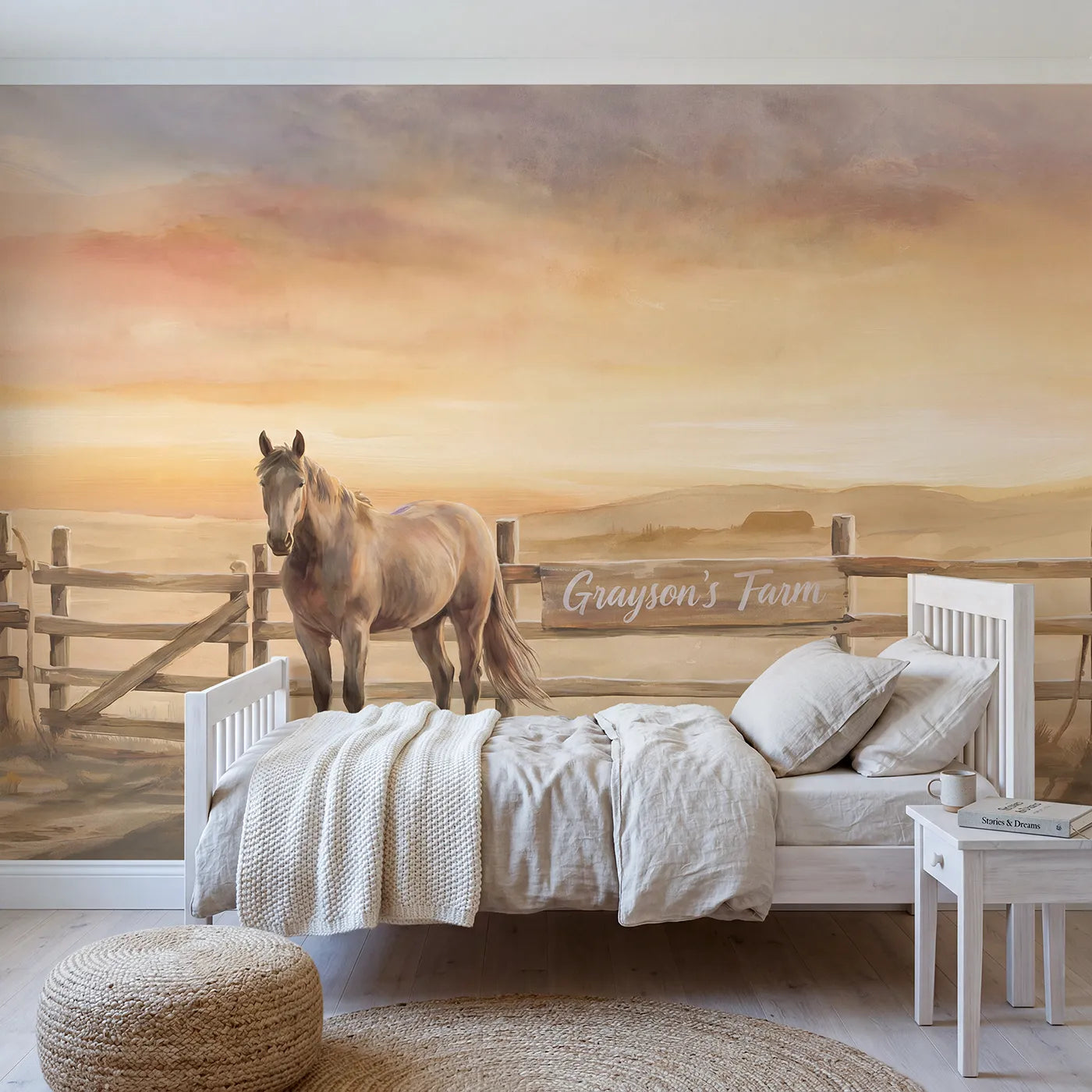 Watercolor horse sunset personalized wall mural with name sign for big-kid bedroom by Whimsy Tots