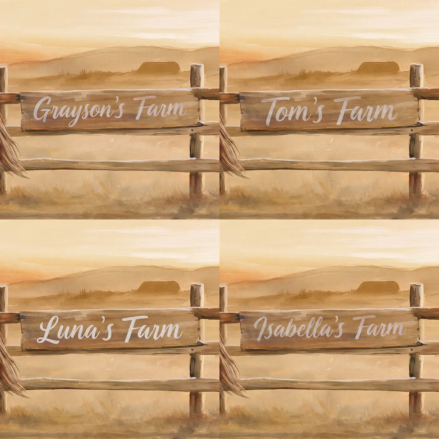 Four name preview examples of Countryside Sunset Horse Personalized Wall Mural by Whimsy Tots