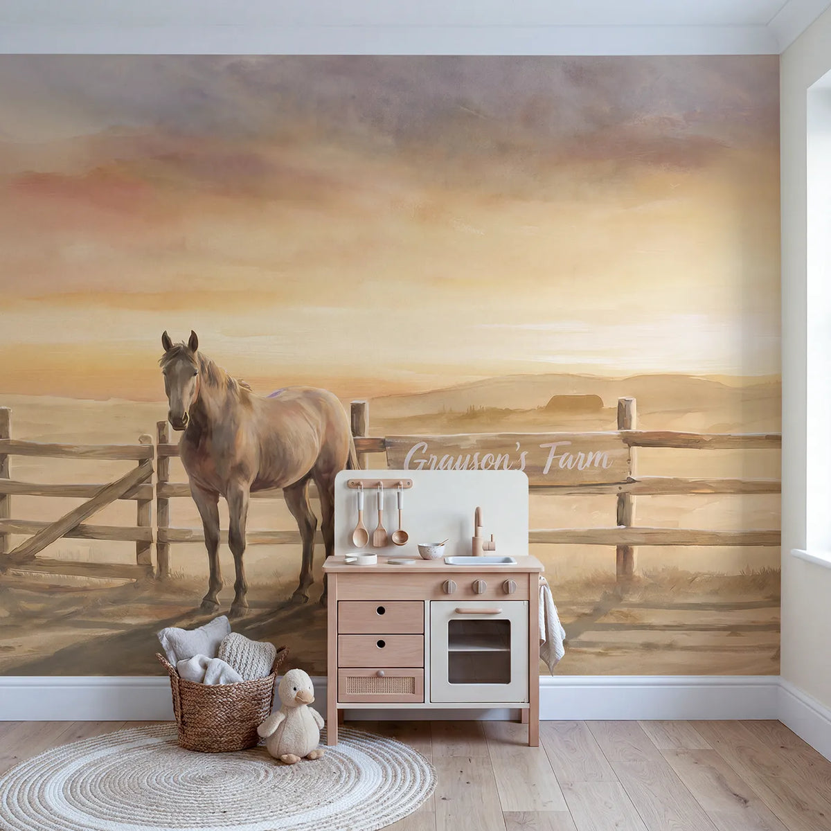 Countryside Sunset Horse Personalized Wall Mural in playroom setting by Whimsy Tots