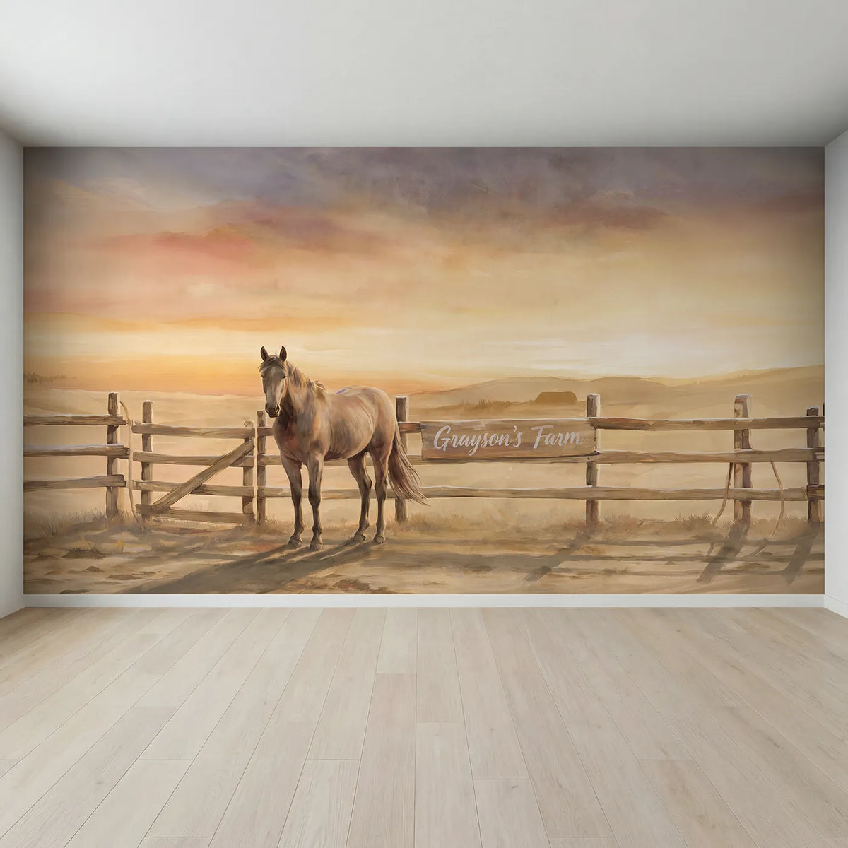 Full view of Countryside Sunset Horse Personalized Wall Mural by Whimsy Tots
