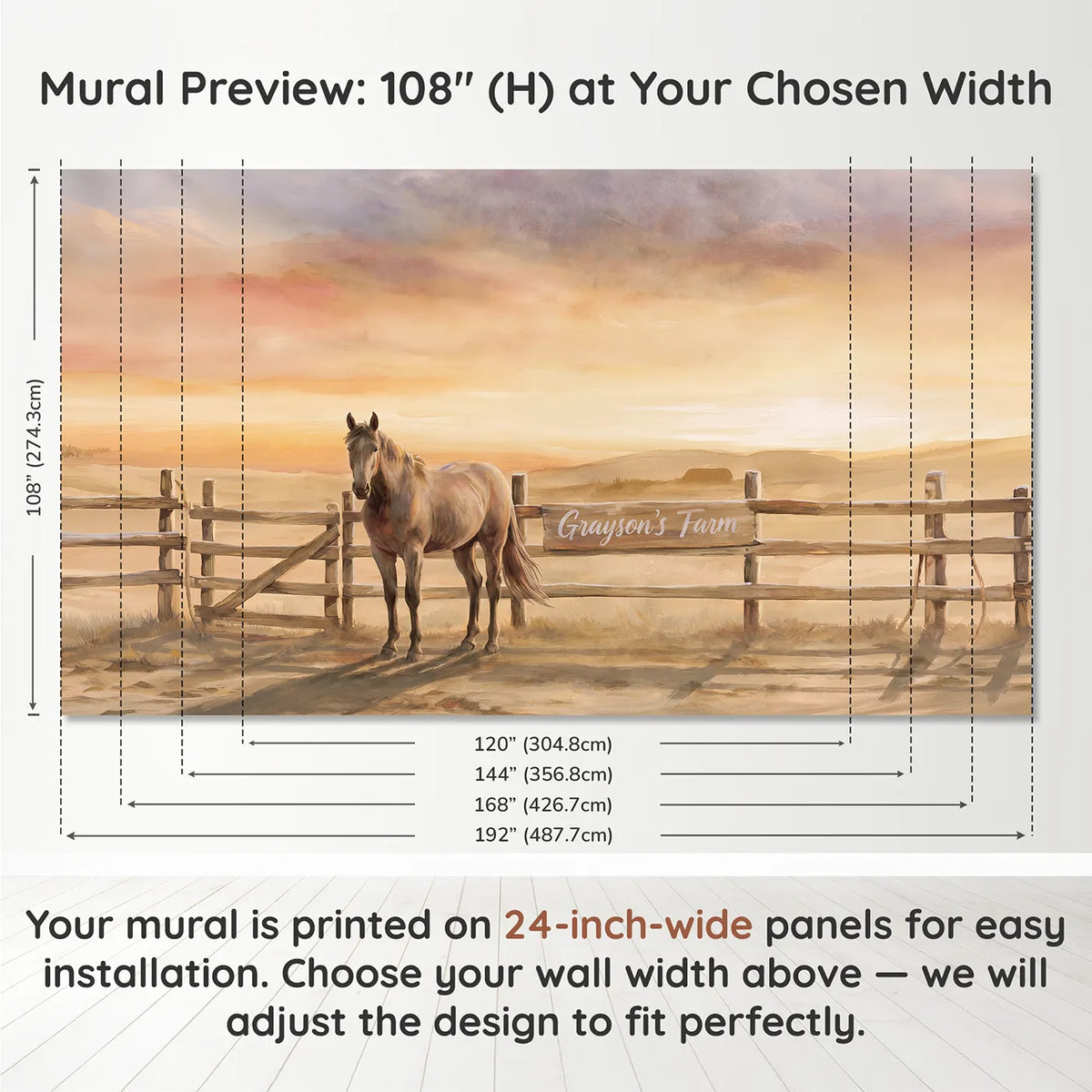 Panel layout and dimensions for Countryside Sunset Horse Personalized Wall Mural by Whimsy Tots