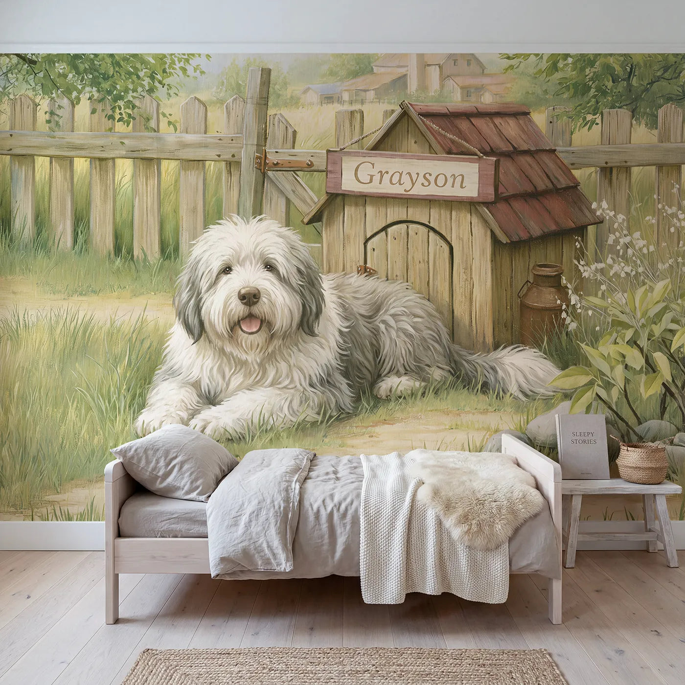 Storybook sheepdog personalized wall mural with dog house name sign for playroom by Whimsy Tots