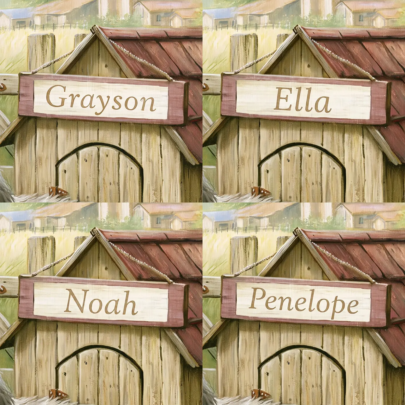Four name preview examples of Farm Sheepdog House Personalized Wall Mural by Whimsy Tots