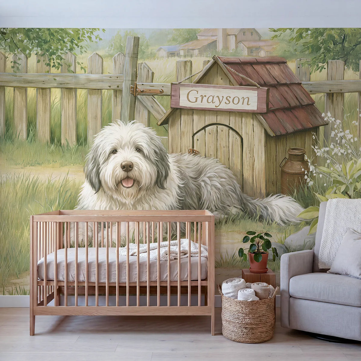 Farm Sheepdog House Personalized Wall Mural in playroom setting by Whimsy Tots