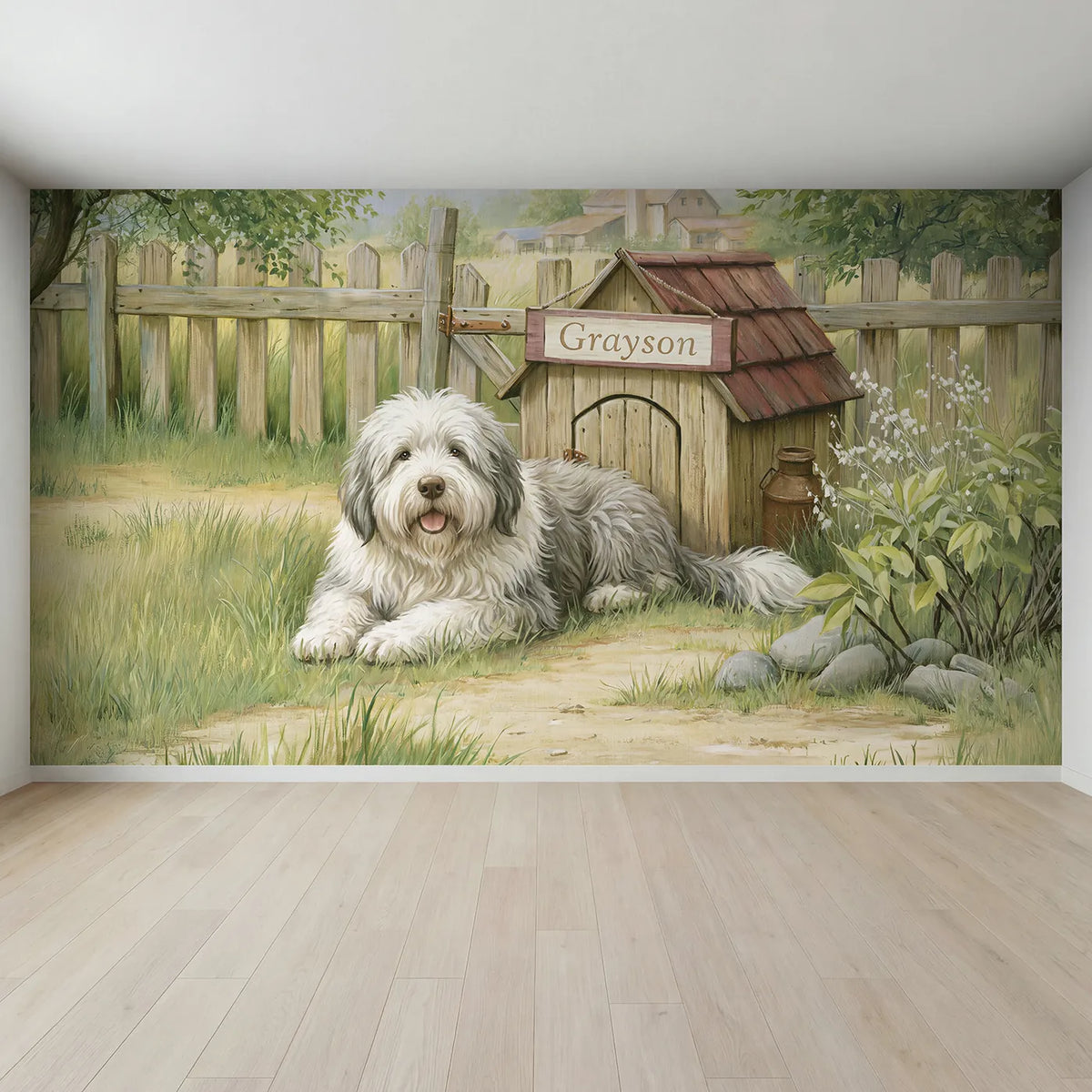 Full view of Farm Sheepdog House Personalized Wall Mural by Whimsy Tots