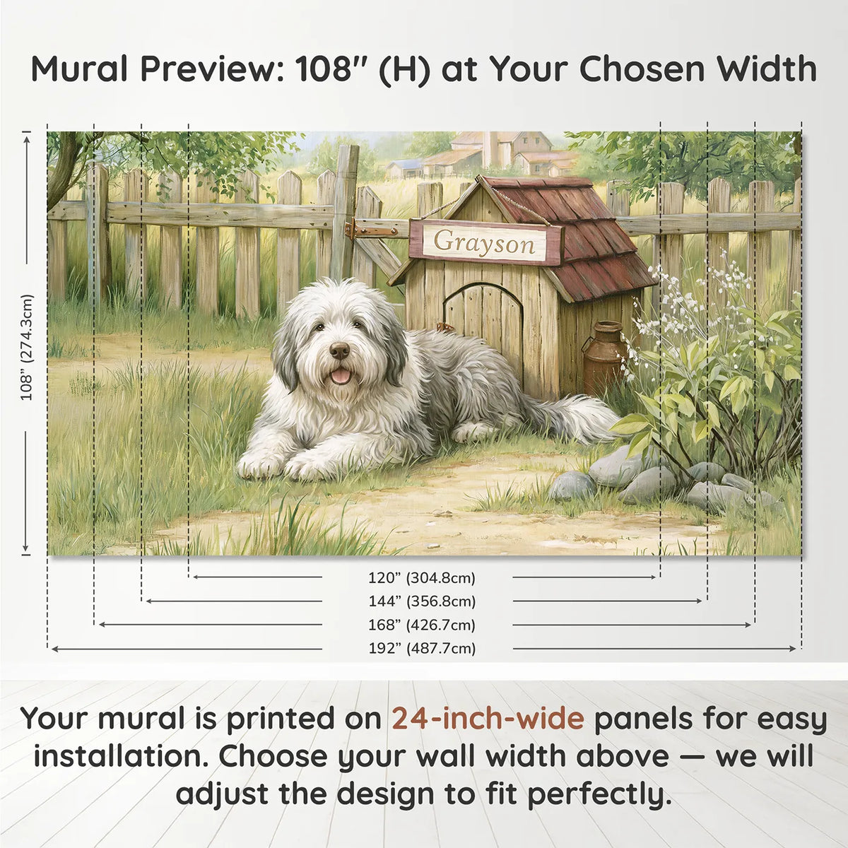 Panel layout and dimensions for Farm Sheepdog House Personalized Wall Mural by Whimsy Tots