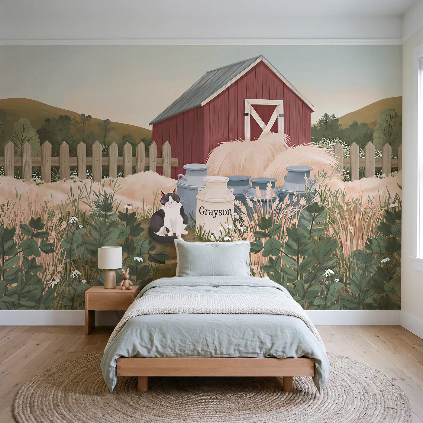 Modern Illustration barn cat personalized wall mural with milk can name for kids room by Whimsy Tots