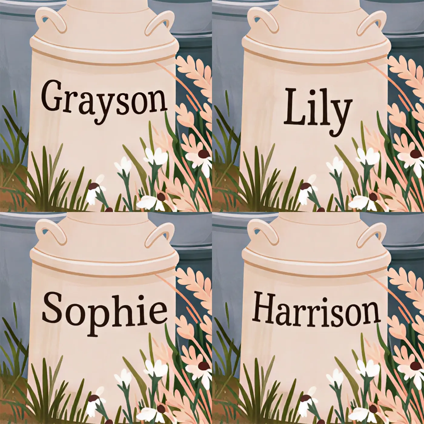 Four name preview examples of Barn Cat Milk Personalized Wall Mural by Whimsy Tots