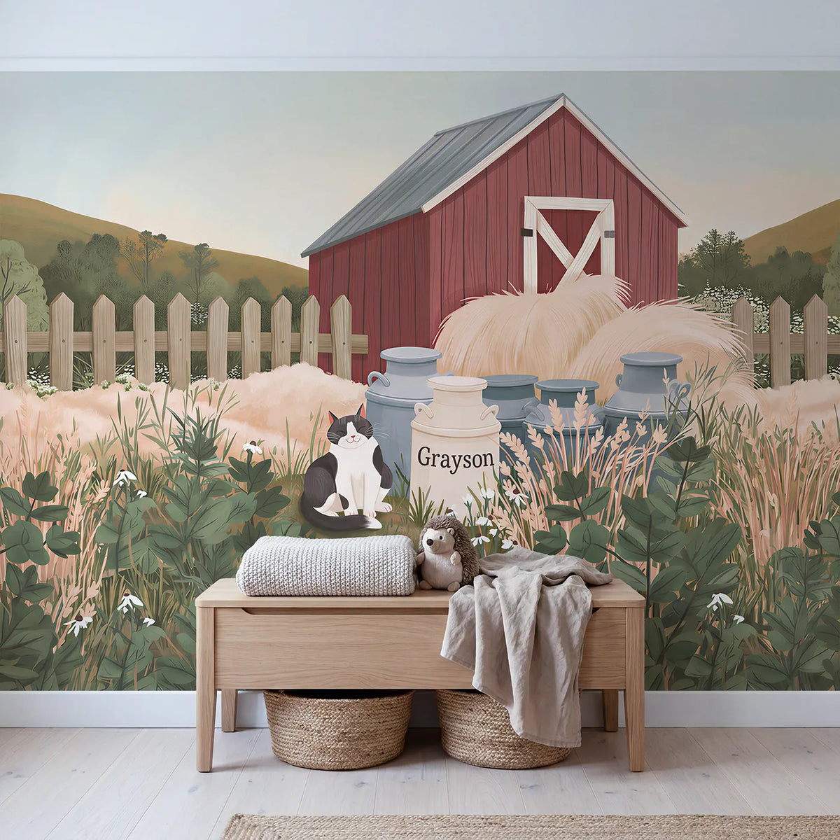 Barn Cat Milk Personalized Wall Mural in playroom setting by Whimsy Tots