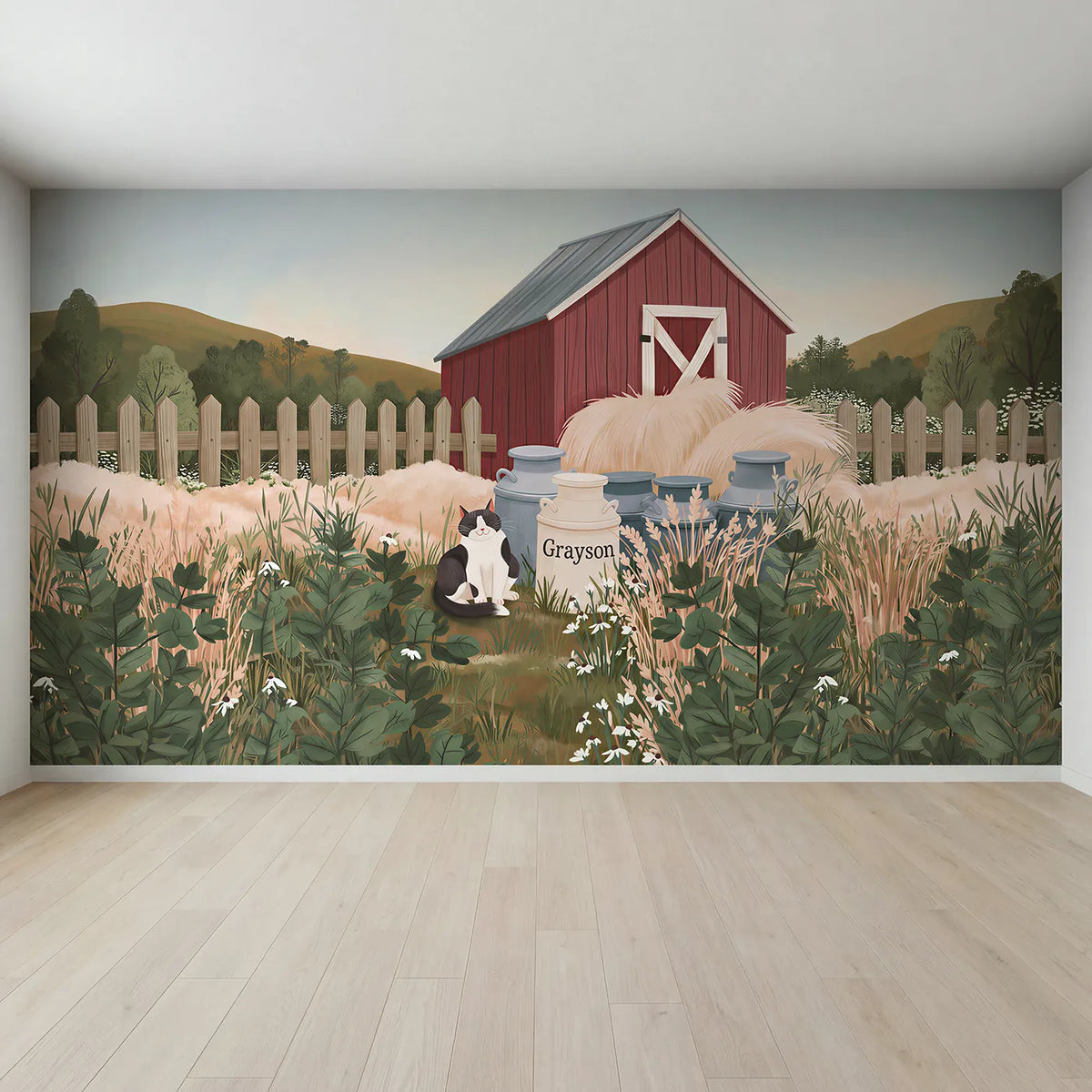Full view of Barn Cat Milk Personalized Wall Mural by Whimsy Tots