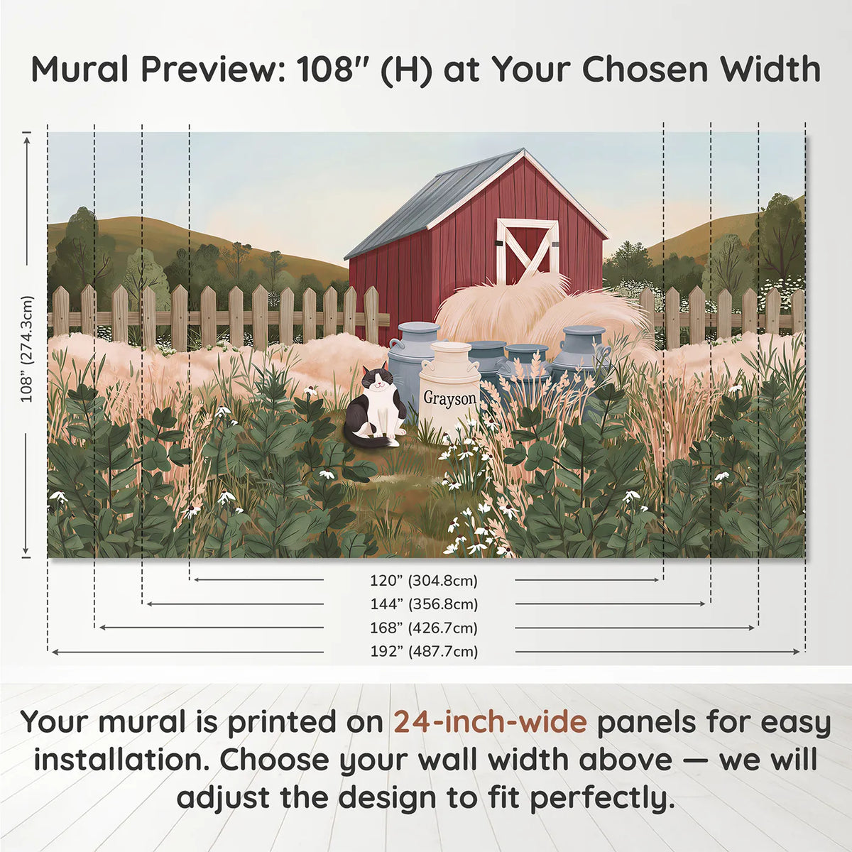 Panel layout and dimensions for Barn Cat Milk Personalized Wall Mural by Whimsy Tots