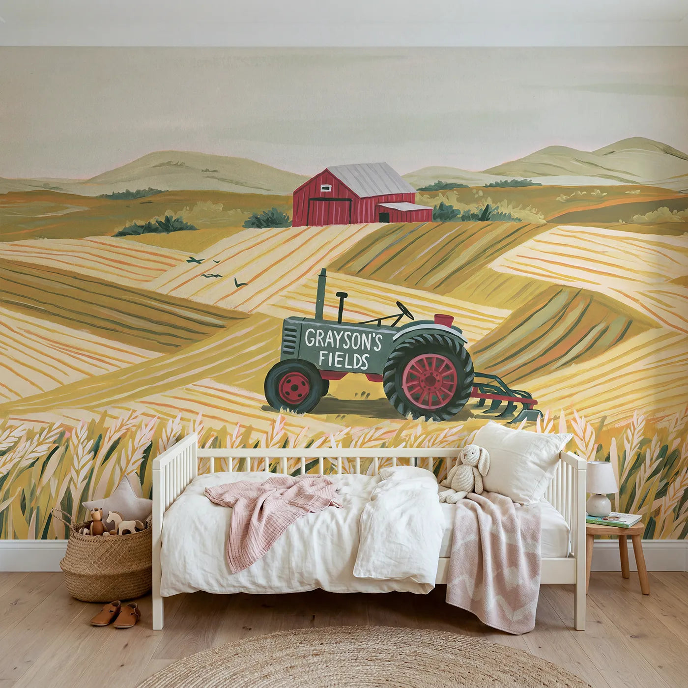 Modern Illustration tractor personalized wall mural with painted name for playroom by Whimsy Tots