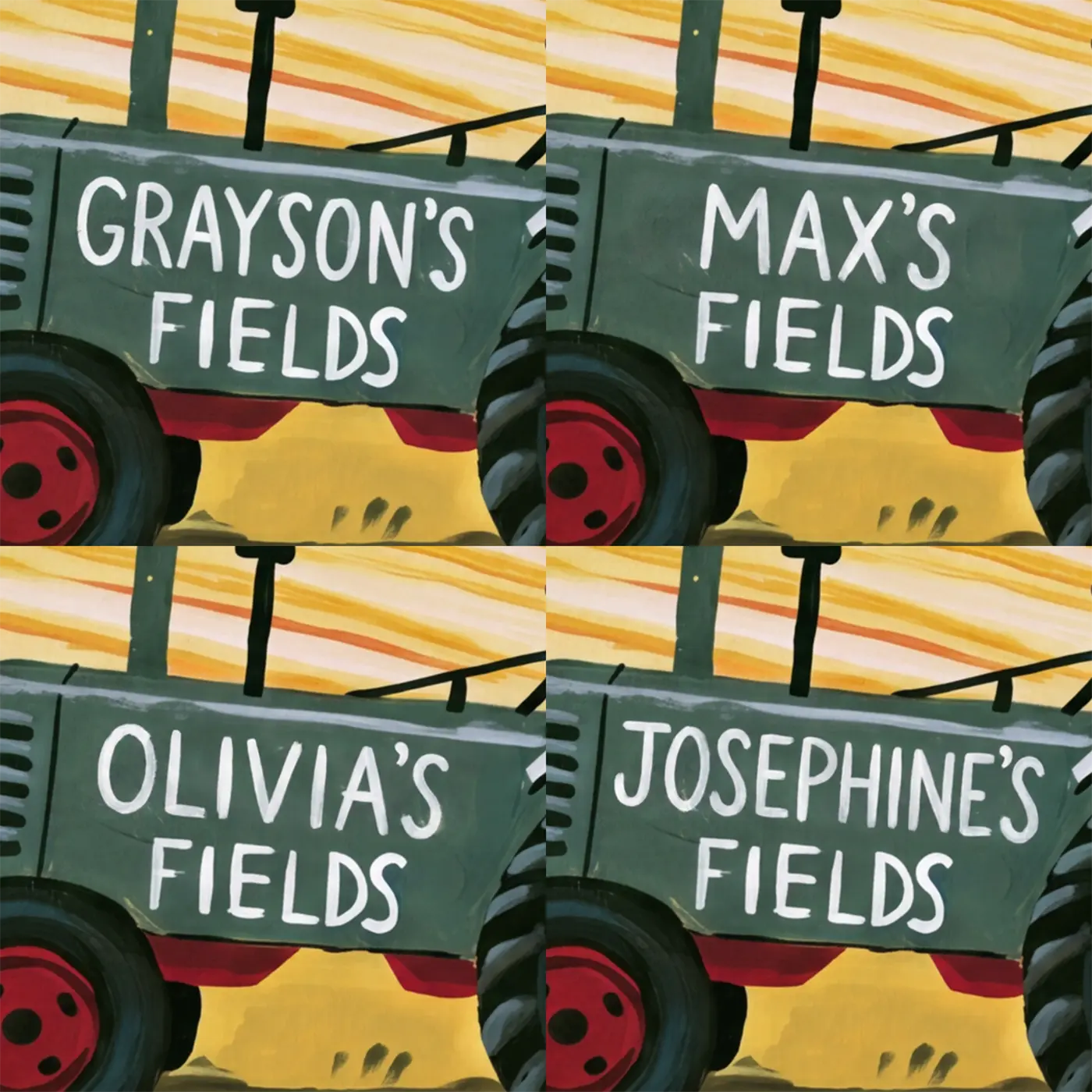 Four name preview examples of Farm Tractor Fields Personalized Wall Mural by Whimsy Tots