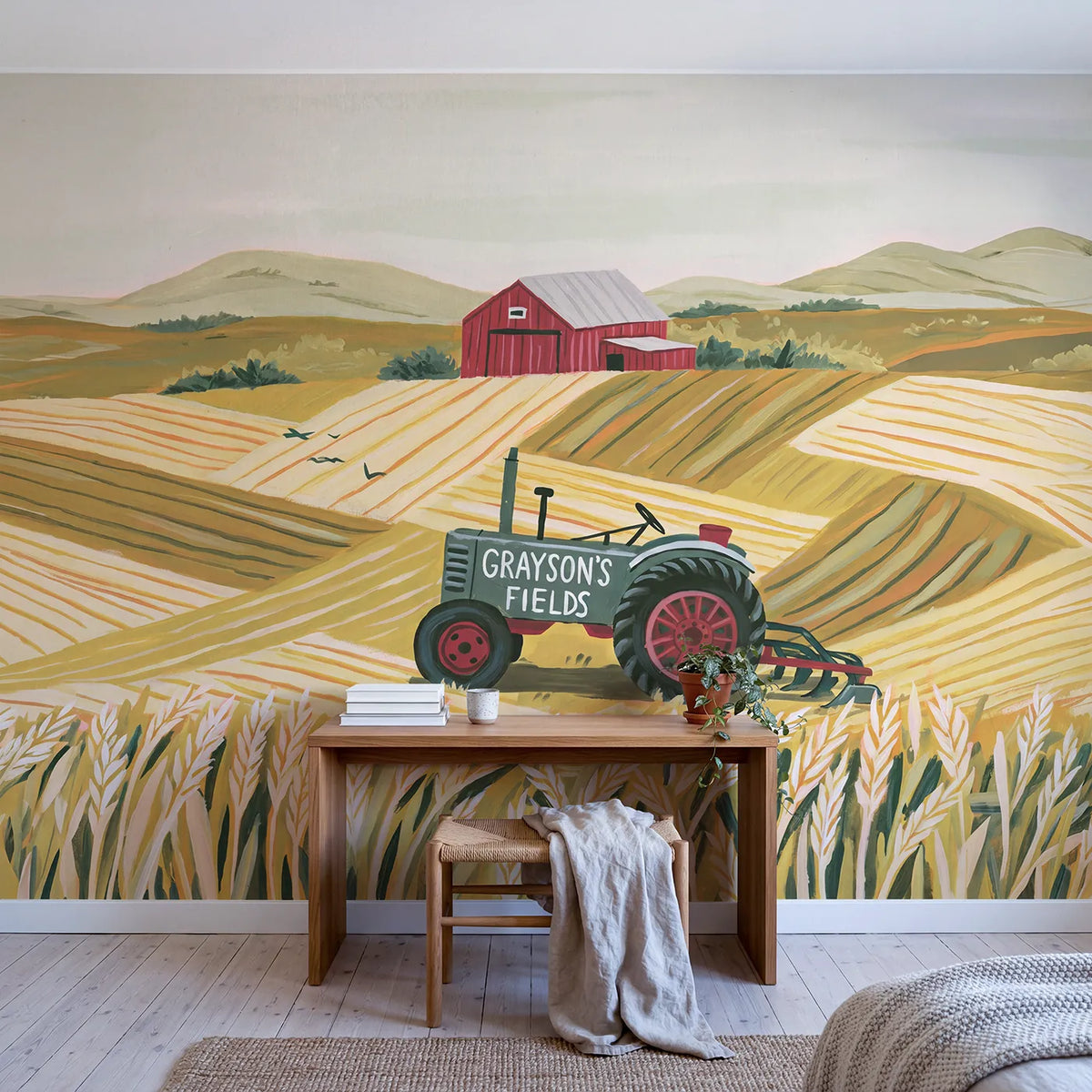 Farm Tractor Fields Personalized Wall Mural in playroom setting by Whimsy Tots