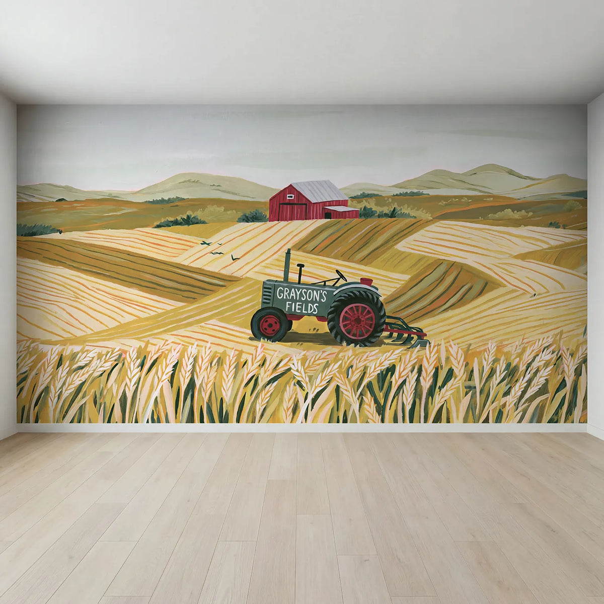 Full view of Farm Tractor Fields Personalized Wall Mural by Whimsy Tots