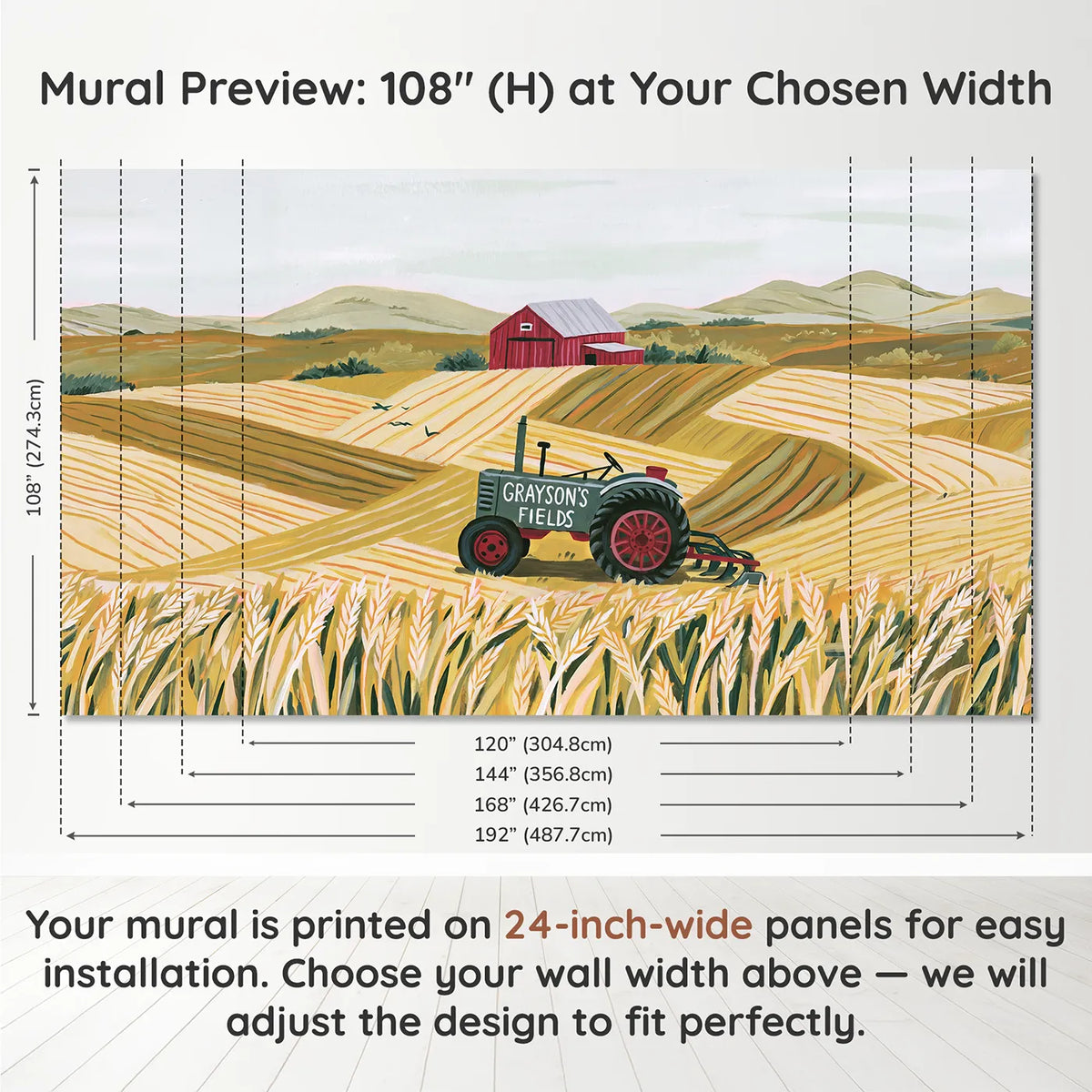 Panel layout and dimensions for Farm Tractor Fields Personalized Wall Mural by Whimsy Tots