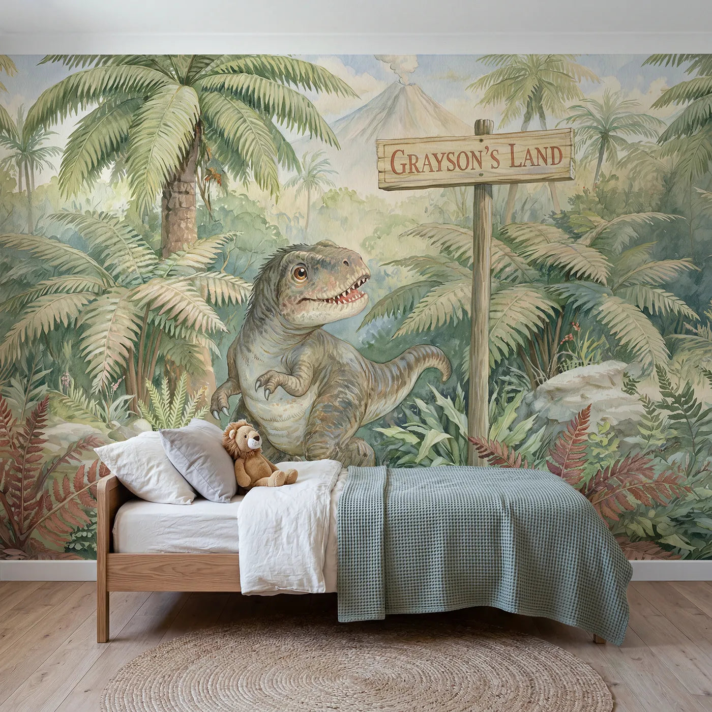 Storybook T-Rex fern jungle personalized wall mural with name signpost for playroom by Whimsy Tots