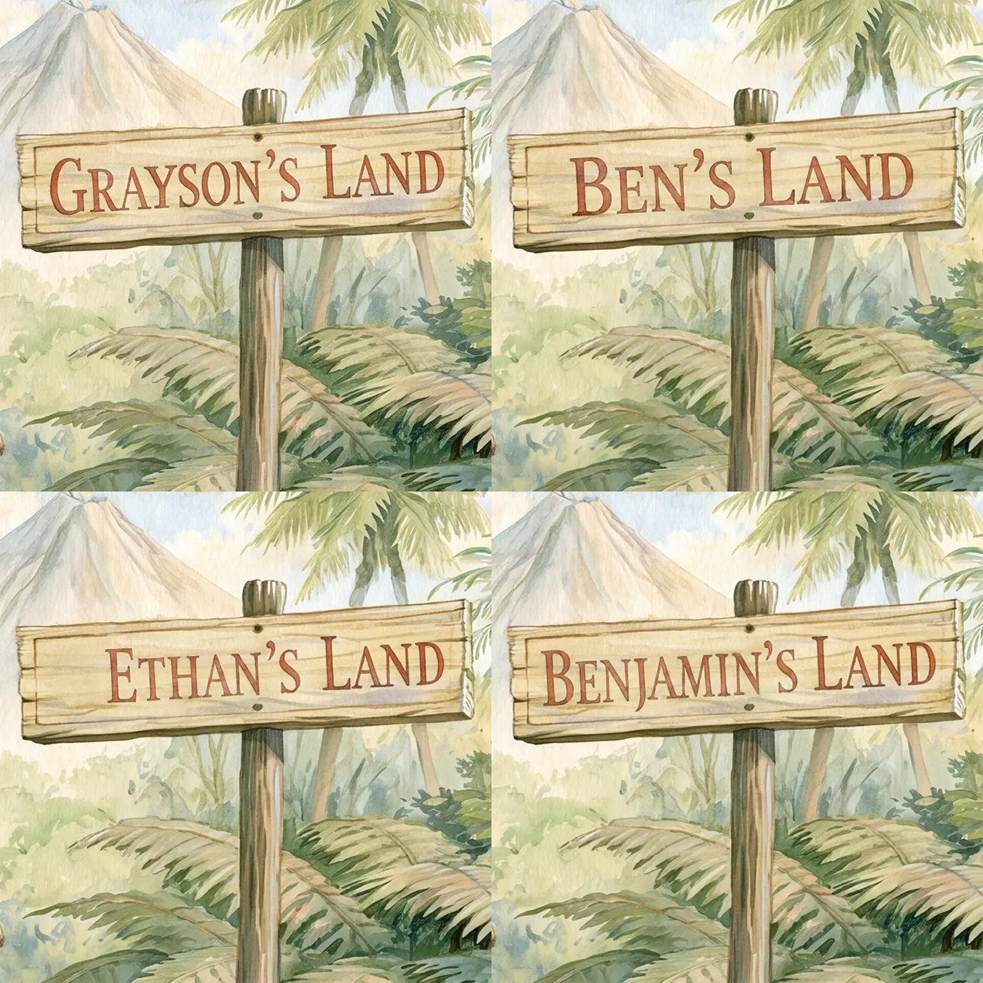 Four name preview examples of Friendly T-Rex Land Personalized Wall Mural by Whimsy Tots