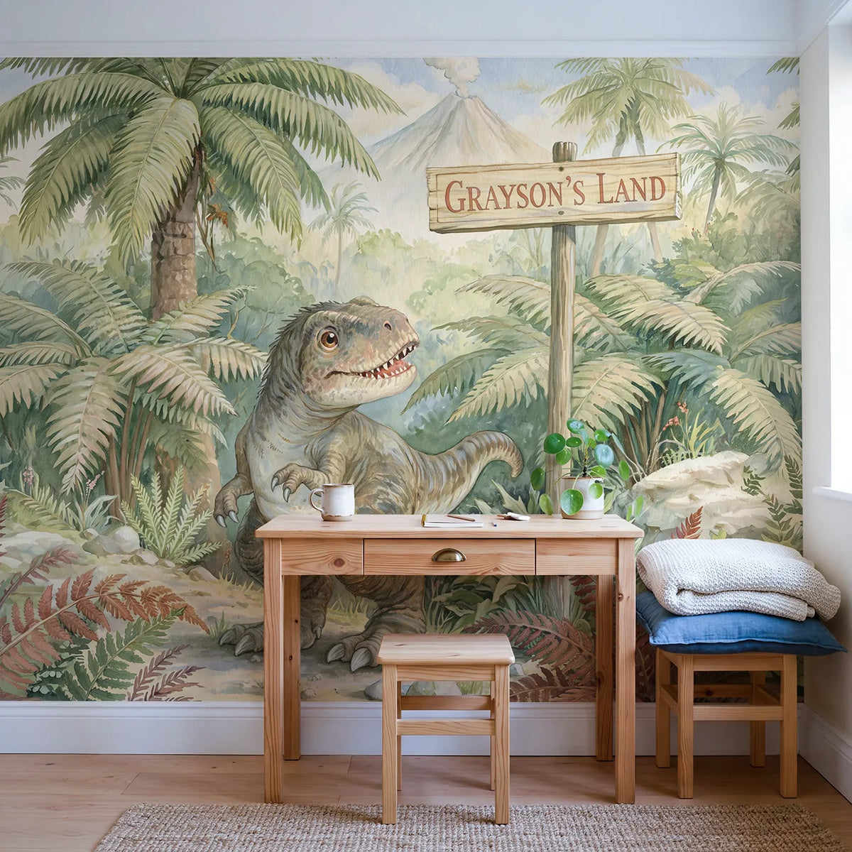 Friendly T-Rex Land Personalized Wall Mural in playroom setting by Whimsy Tots