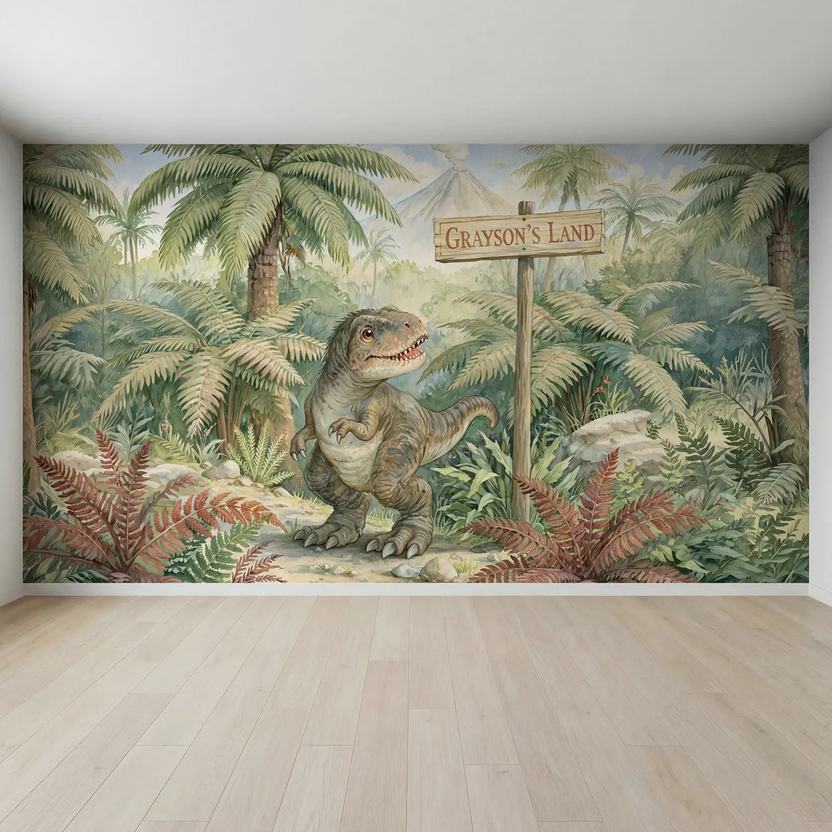 Full view of Friendly T-Rex Land Personalized Wall Mural by Whimsy Tots