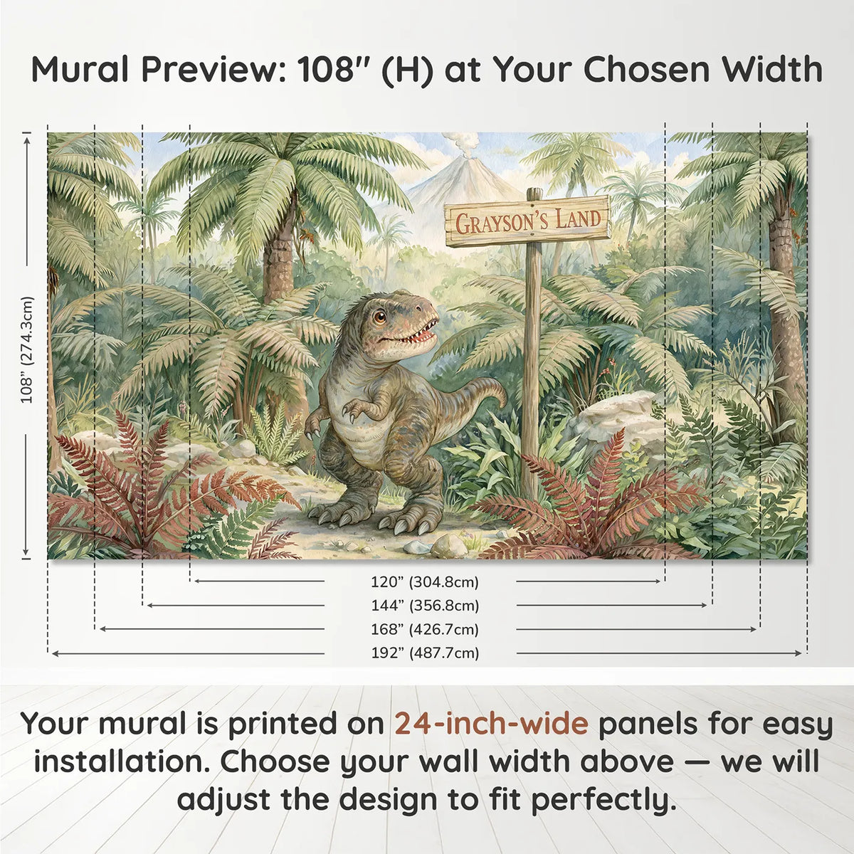 Panel layout and dimensions for Friendly T-Rex Land Personalized Wall Mural by Whimsy Tots