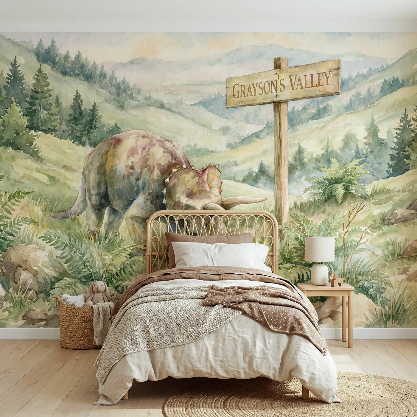 Watercolor triceratops personalized wall mural with name signpost for toddler room by Whimsy Tots