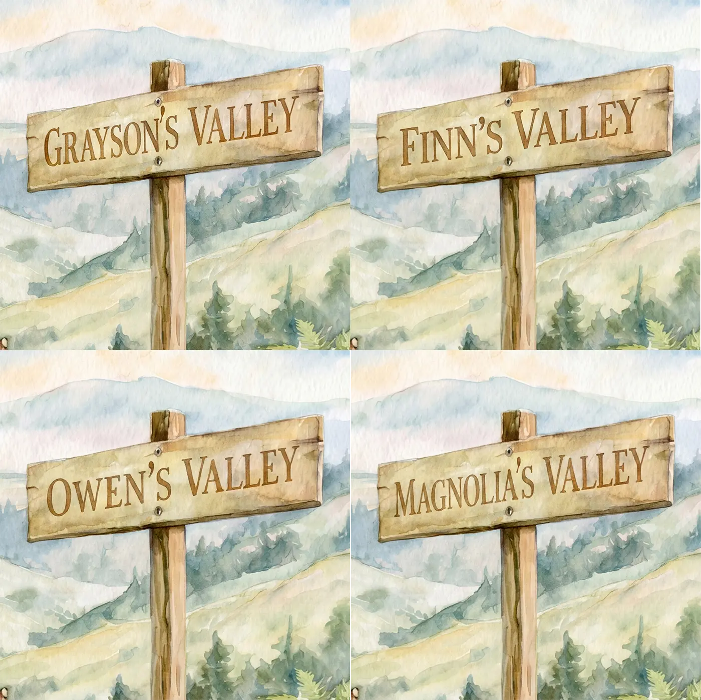 Four name preview examples of Triceratops Prehistoric Valley Personalized Wall Mural by Whimsy Tots