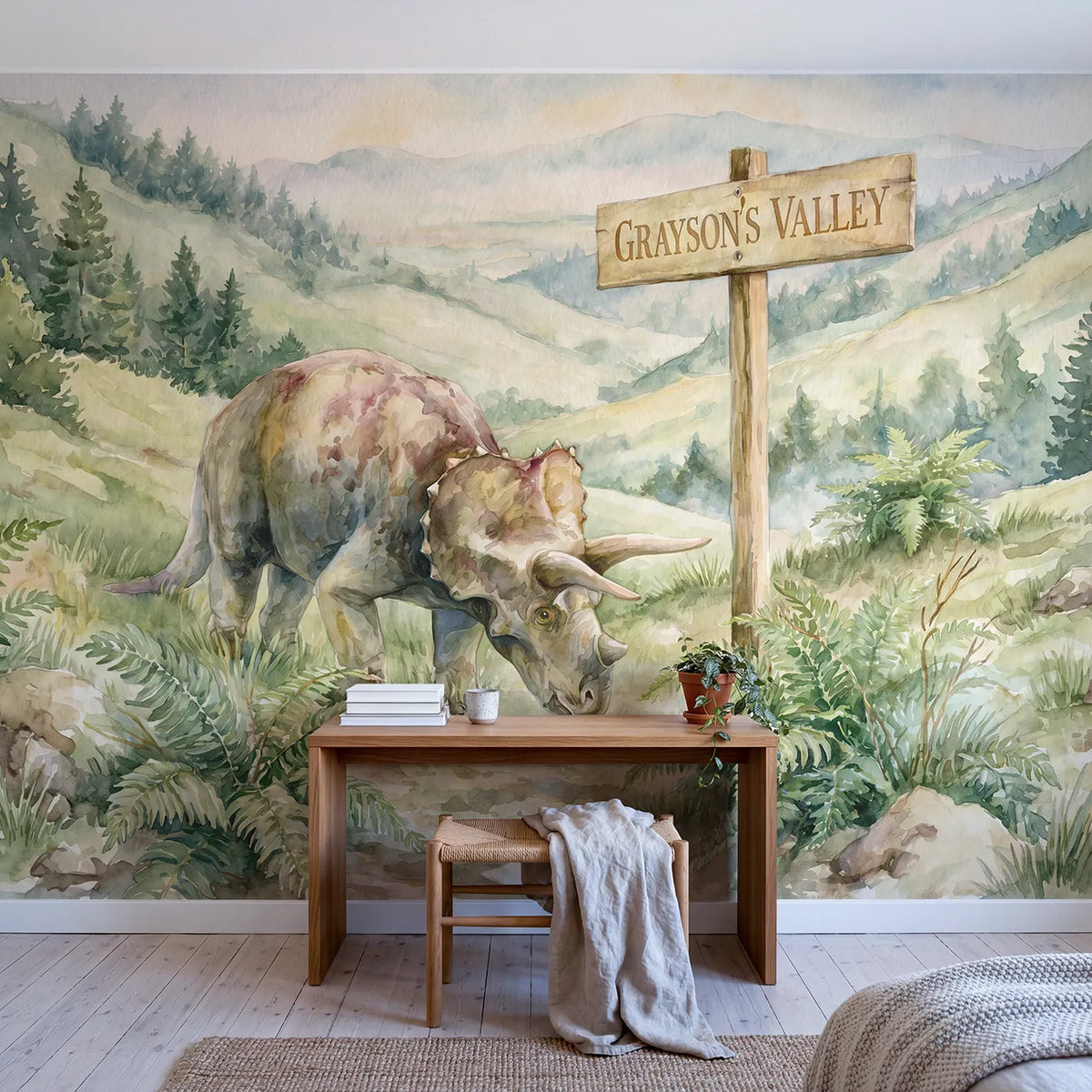 Triceratops Prehistoric Valley Personalized Wall Mural in playroom setting by Whimsy Tots