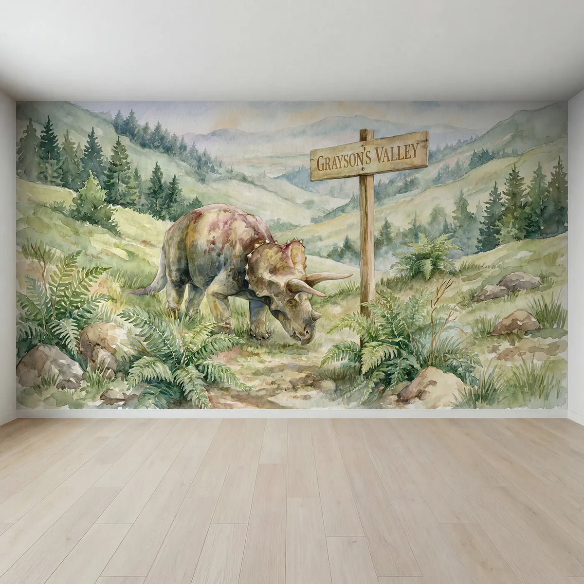 Full view of Triceratops Prehistoric Valley Personalized Wall Mural by Whimsy Tots