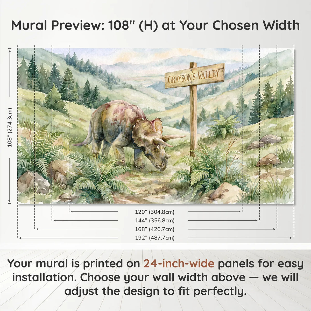 Panel layout and dimensions for Triceratops Prehistoric Valley Personalized Wall Mural by Whimsy Tots