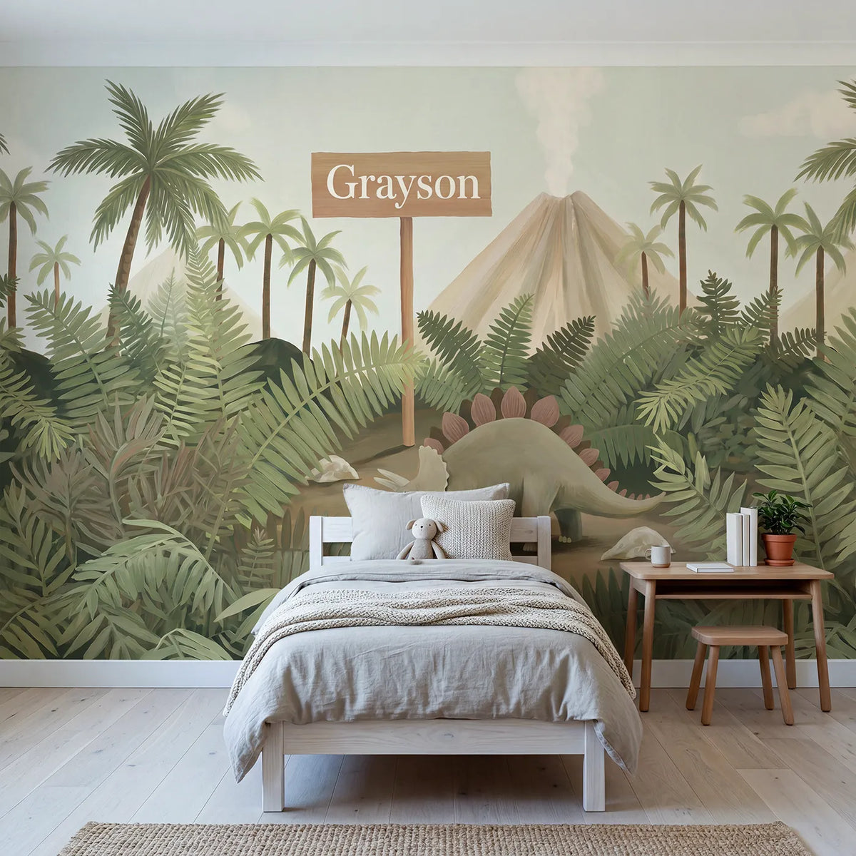 Modern Illustration stegosaurus personalized wall mural with name post for bedroom by Whimsy Tots