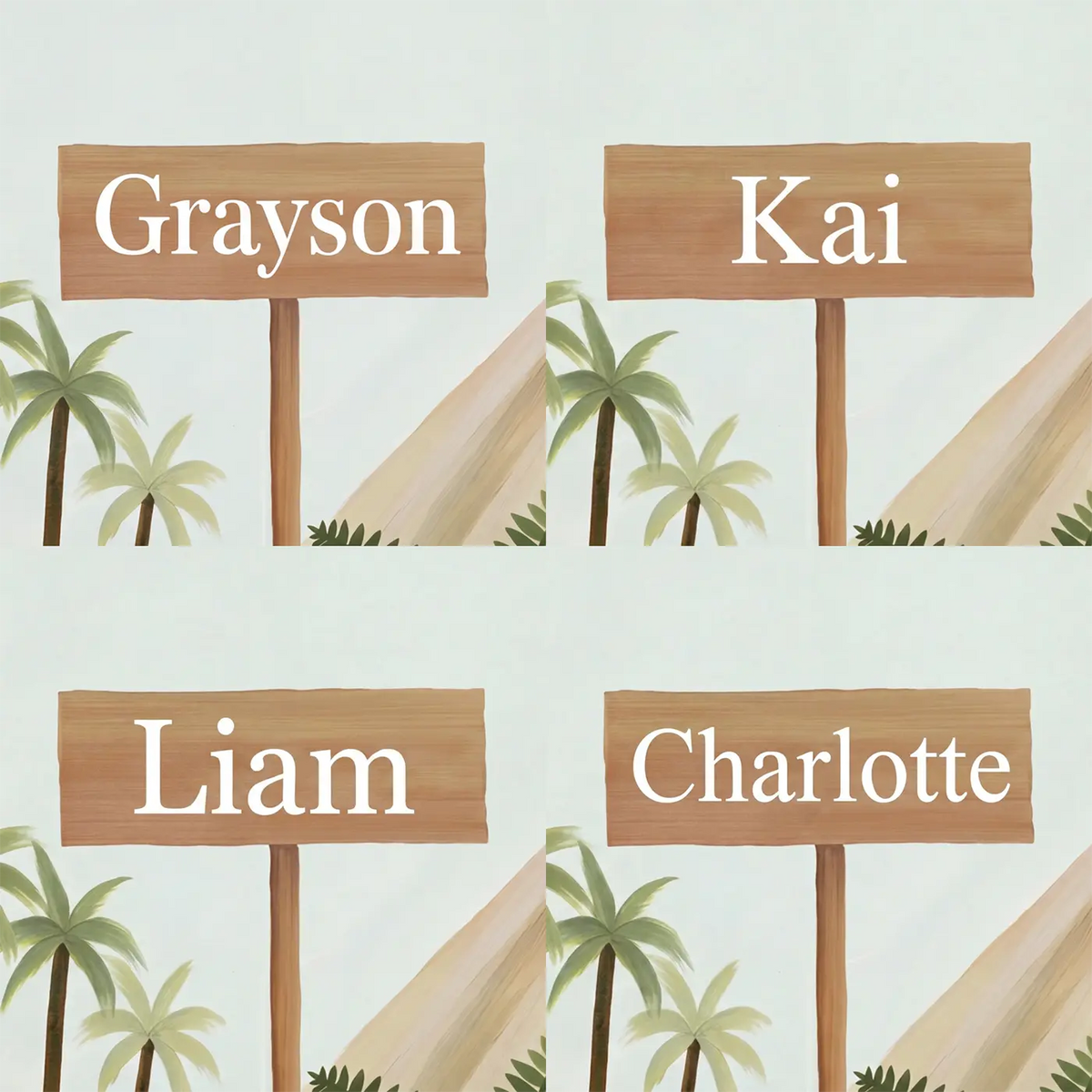 Four name preview examples of Stegosaurus Volcano Land Personalized Wall Mural by Whimsy Tots