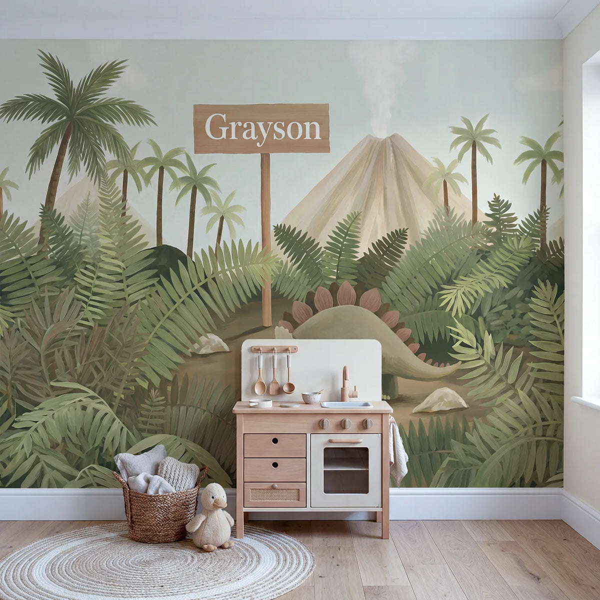 Stegosaurus Volcano Land Personalized Wall Mural in playroom setting by Whimsy Tots