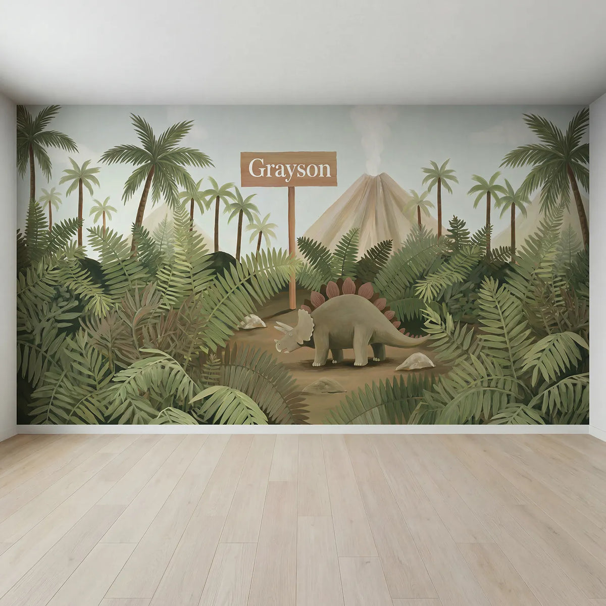 Full view of Stegosaurus Volcano Land Personalized Wall Mural by Whimsy Tots