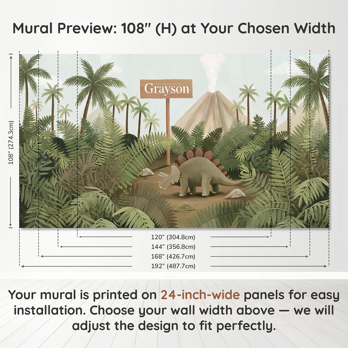 Panel layout and dimensions for Stegosaurus Volcano Land Personalized Wall Mural by Whimsy Tots