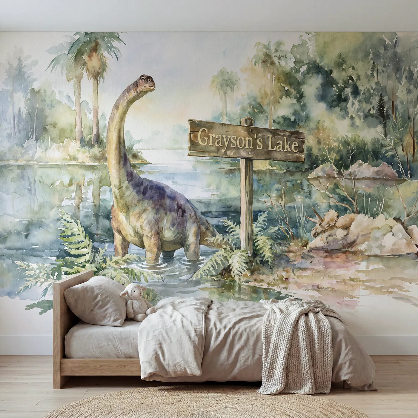 Watercolor brontosaurus personalized wall mural with lakeside name sign for nursery by Whimsy Tots