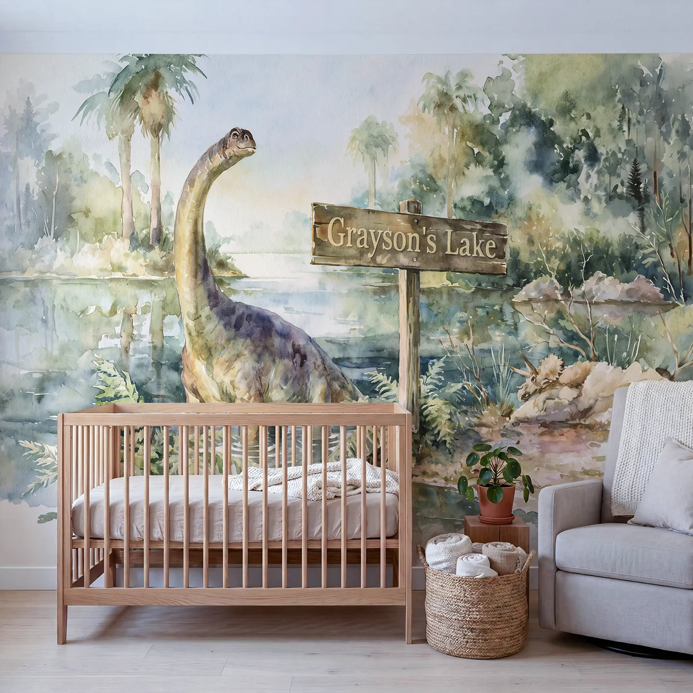 Brontosaurus Lakeside Personalized Wall Mural in playroom setting by Whimsy Tots