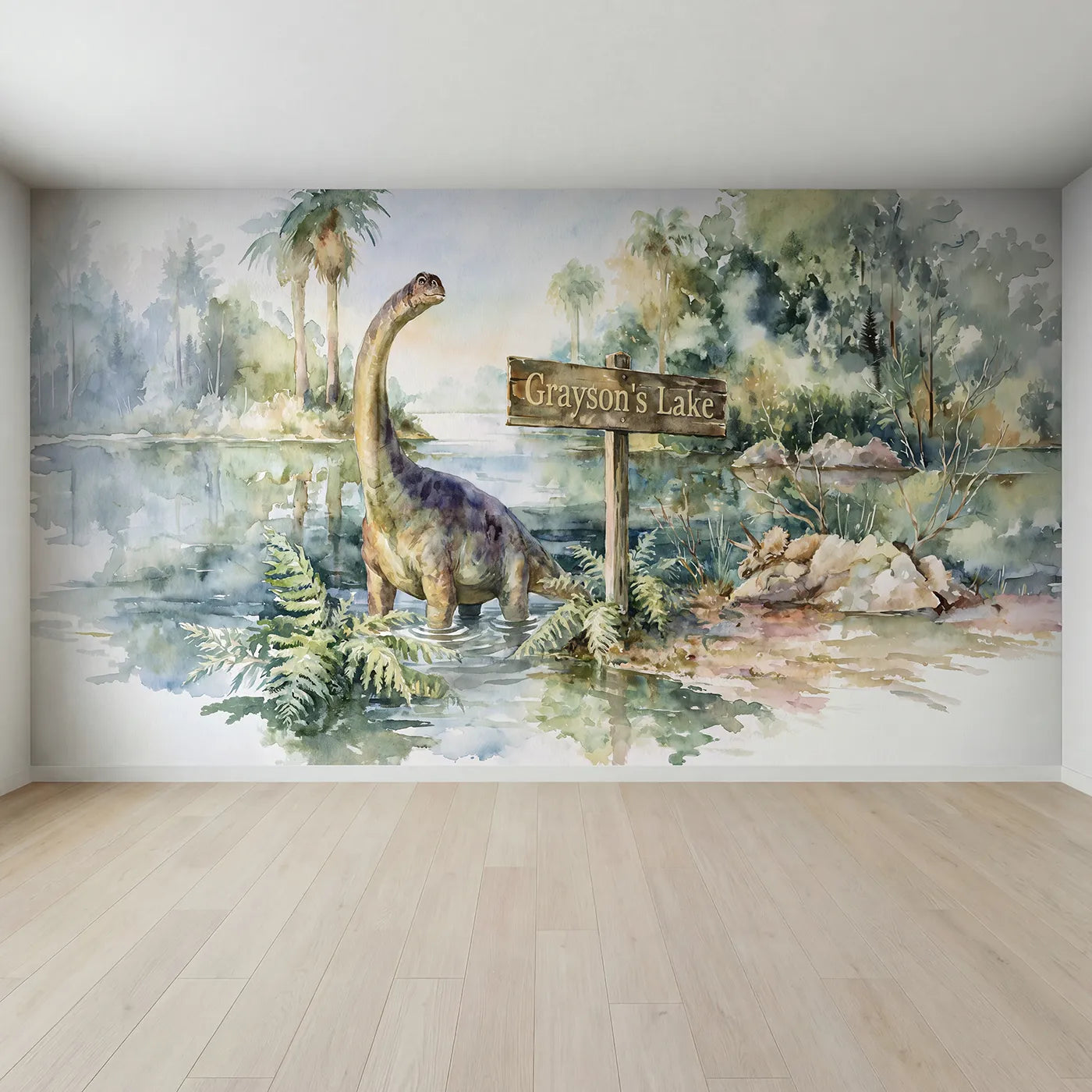 Full view of Brontosaurus Lakeside Personalized Wall Mural by Whimsy Tots