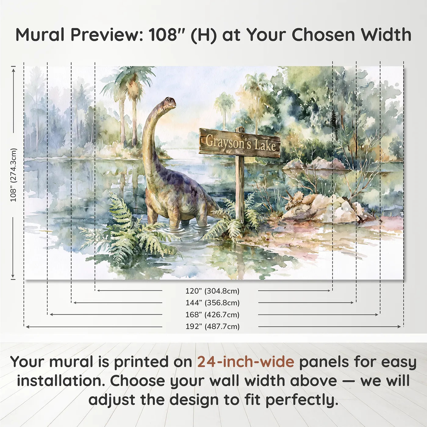 Panel layout and dimensions for Brontosaurus Lakeside Personalized Wall Mural by Whimsy Tots