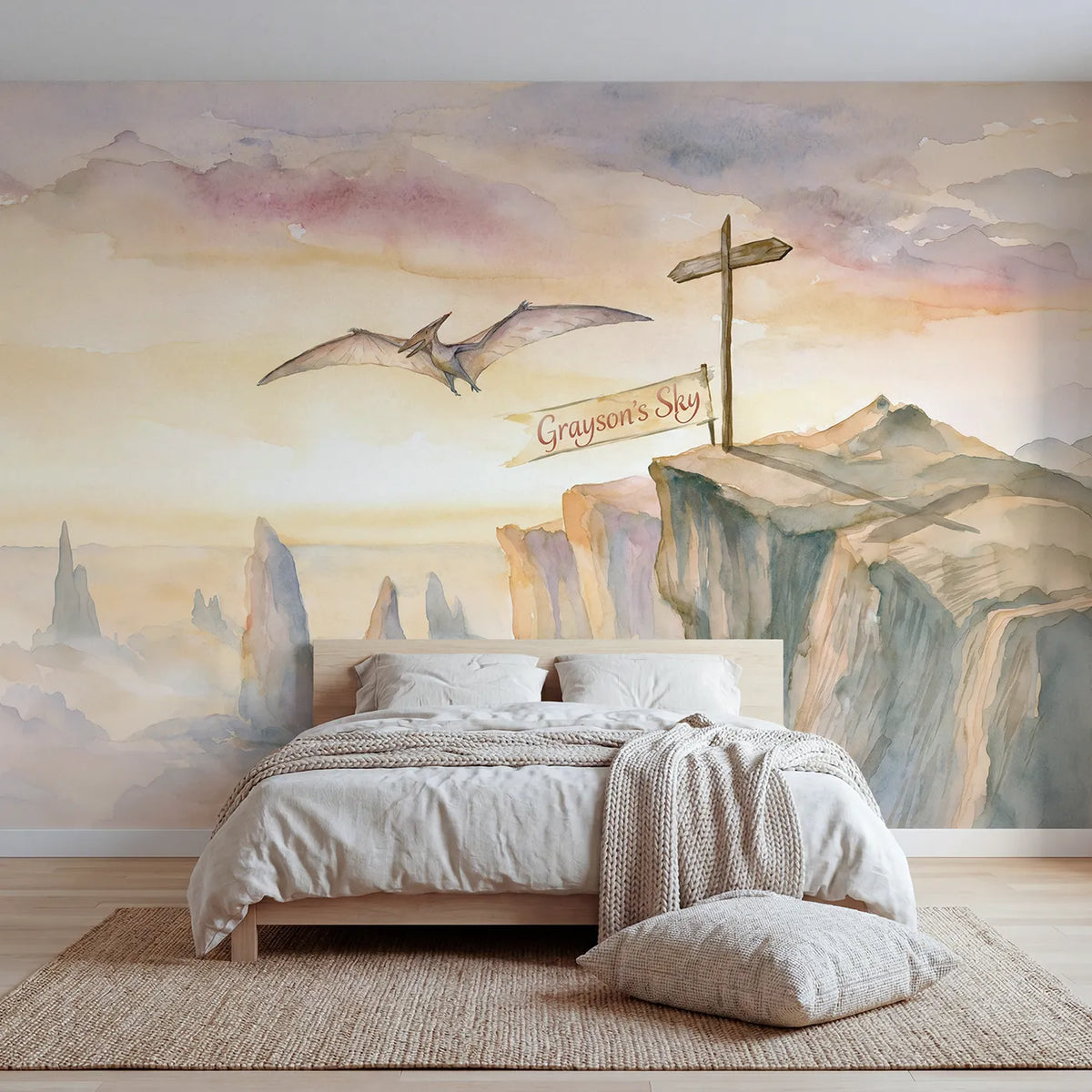 Watercolor pterodactyl cliffs personalized wall mural with name signpost for bedroom by Whimsy Tots