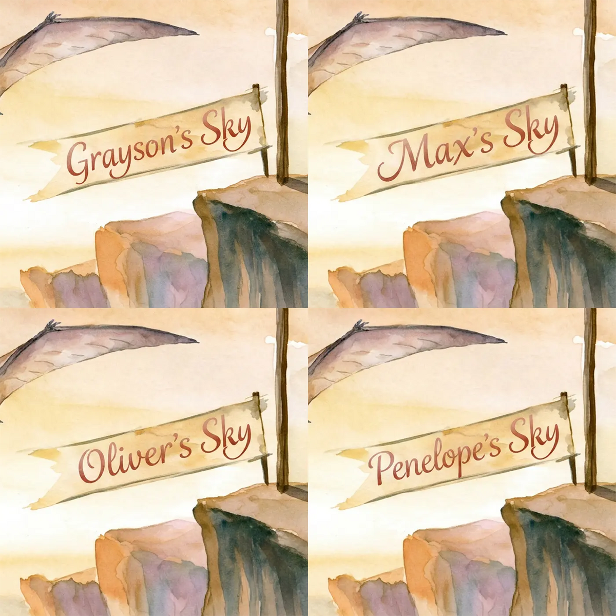Four name preview examples of Pterodactyl Cliff Dawn Personalized Wall Mural by Whimsy Tots