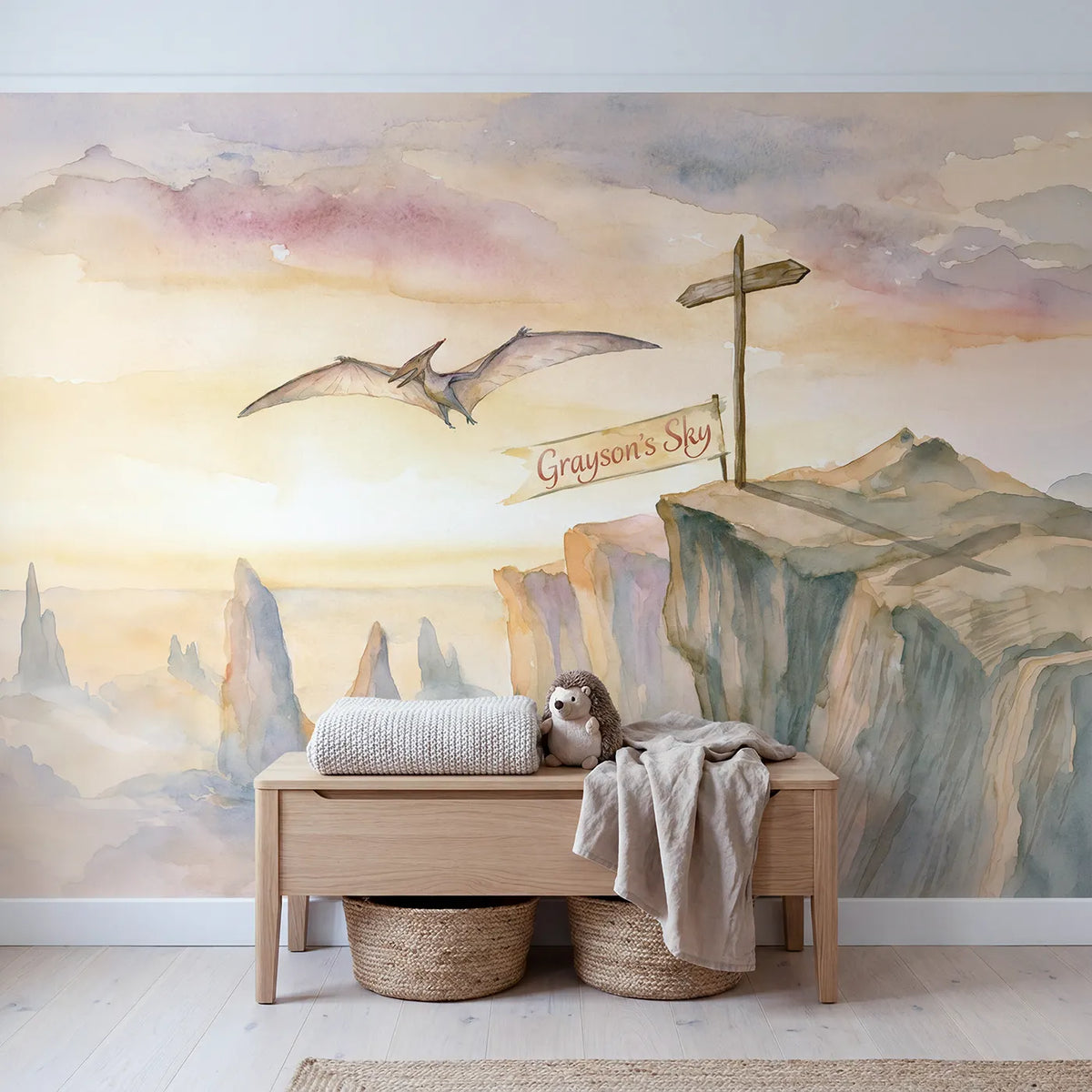 Pterodactyl Cliff Dawn Personalized Wall Mural in playroom setting by Whimsy Tots
